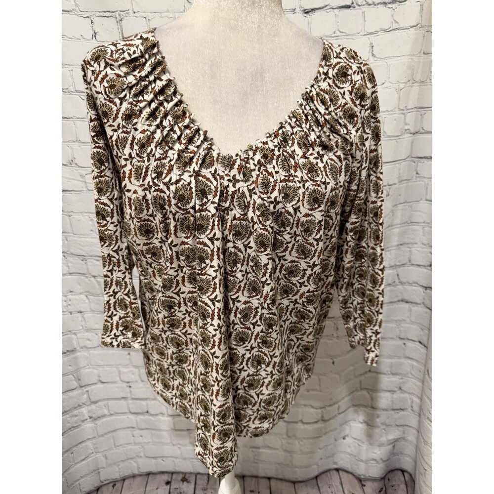 Lucky Brand Shirt Top Small Women’s Brown Ivory Print Blouse Pleated V-Neck - Picture 1 of 7